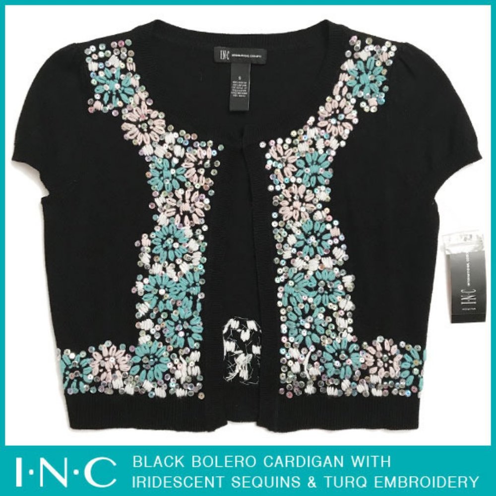 INC Black Bolero Cardigan With Iridescent Sequins & Turq/White Embroidery Size S